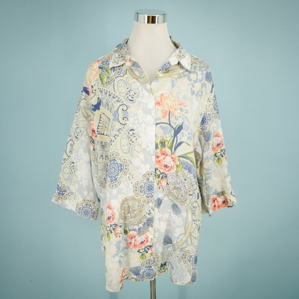 Chico's 3 Size XL Floral Paisley Print Button Tab Sleeve No Iron Linen Tunic Top